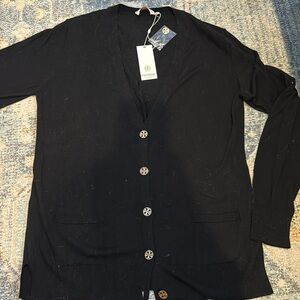 Tory Burch black merino gold logo button cardigan sz lg